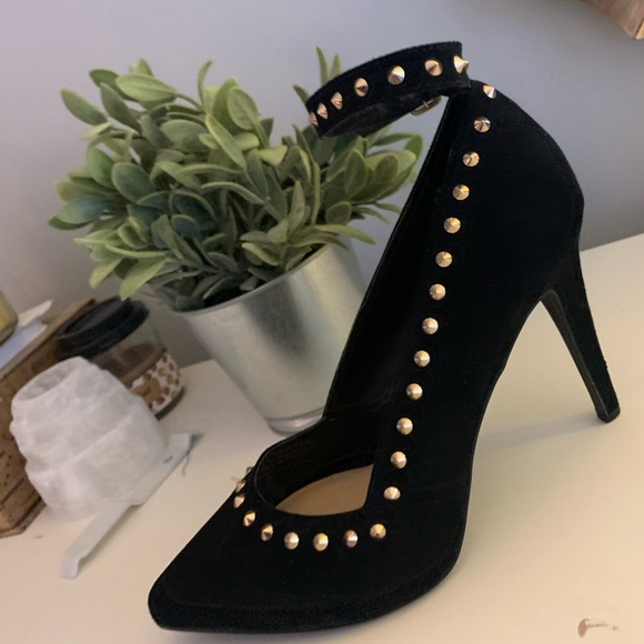 Suede Gold Studded Heels with Optional Ankle Strap - Picture 1 of 5